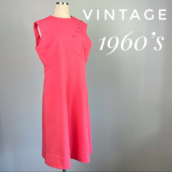 VINTAGE 1960's Pink Coral Sleeveless Textured Mid Century Day Dress - Picture 15 of 15